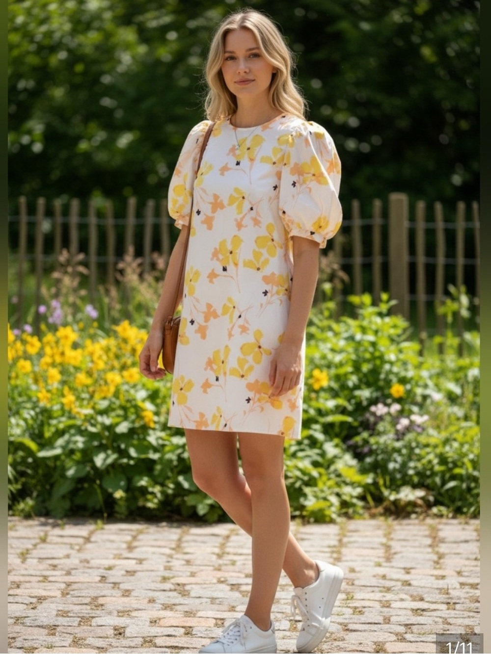 100% cotton White & Yellow Floral Puff-Sleeve Dress